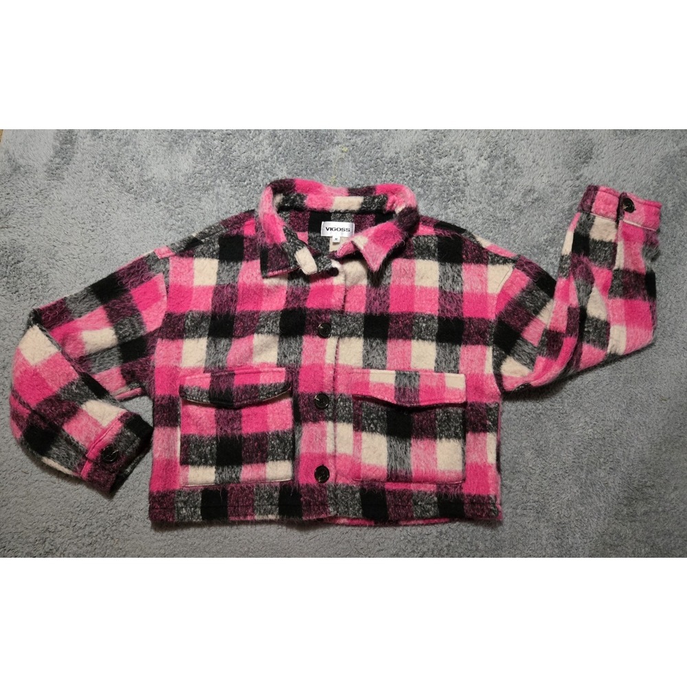 VIGOSS Pink Plaid Shacket Cropped Jacket Women's Medium Button Front